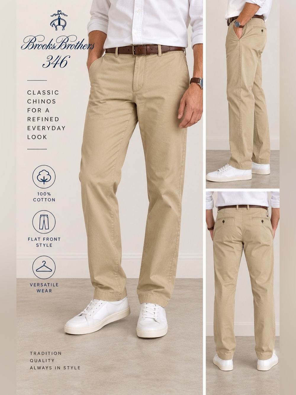 Brooks Brothers 346 Men’s Khaki Chino Pants 33x32 Cotton Flat Front